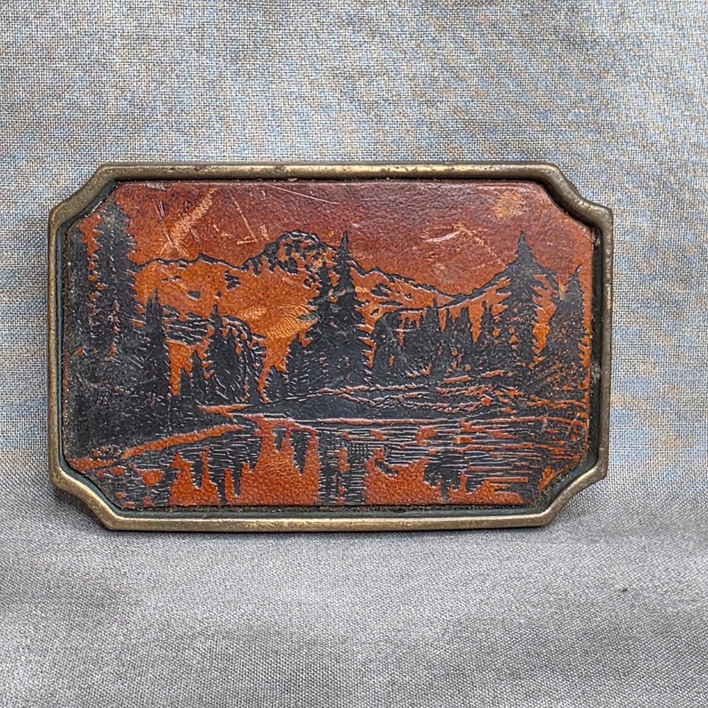 Belt Buckle Vintage Solid Brass Leather‎ Mountain Lake Scenic BTS Made in USA